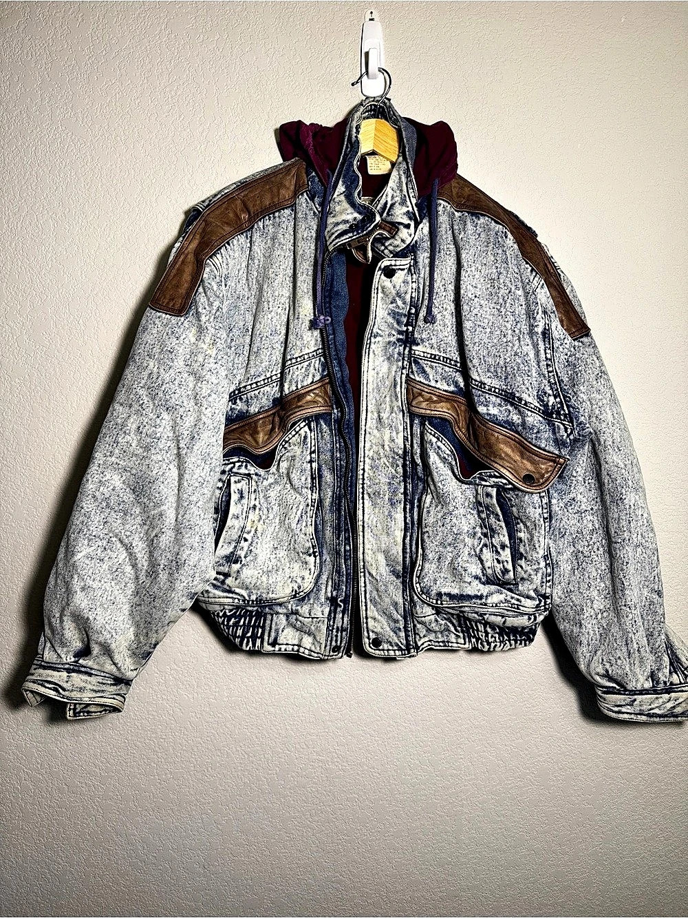 Vintage 90s Urban Equipment Denim Jacket Men’s M Acid Wash Leather Hooded
